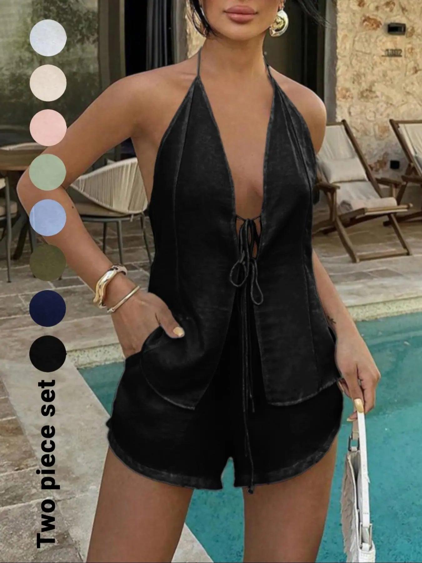 Women'S Solid Color Breathable Lightweight Fitted Sleeveless Tie Back Top & Shorts Set, Casual Fashion Chic Minimalist Style Two-Piece Outfits for Summer, Ladies Clothes for Beach Holiday Vacation, Summer Beachwear Set, Womenswear