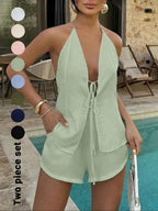 Women'S Solid Color Breathable Lightweight Fitted Sleeveless Tie Back Top & Shorts Set, Casual Fashion Chic Minimalist Style Two-Piece Outfits for Summer, Ladies Clothes for Beach Holiday Vacation, Summer Beachwear Set, Womenswear