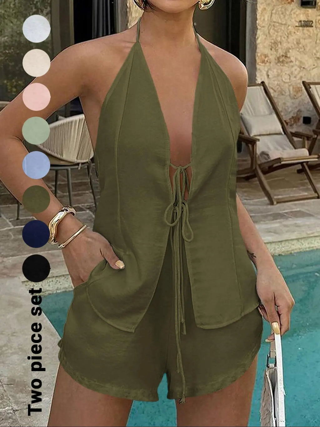 Women'S Solid Color Breathable Lightweight Fitted Sleeveless Tie Back Top & Shorts Set, Casual Fashion Chic Minimalist Style Two-Piece Outfits for Summer, Ladies Clothes for Beach Holiday Vacation, Summer Beachwear Set, Womenswear