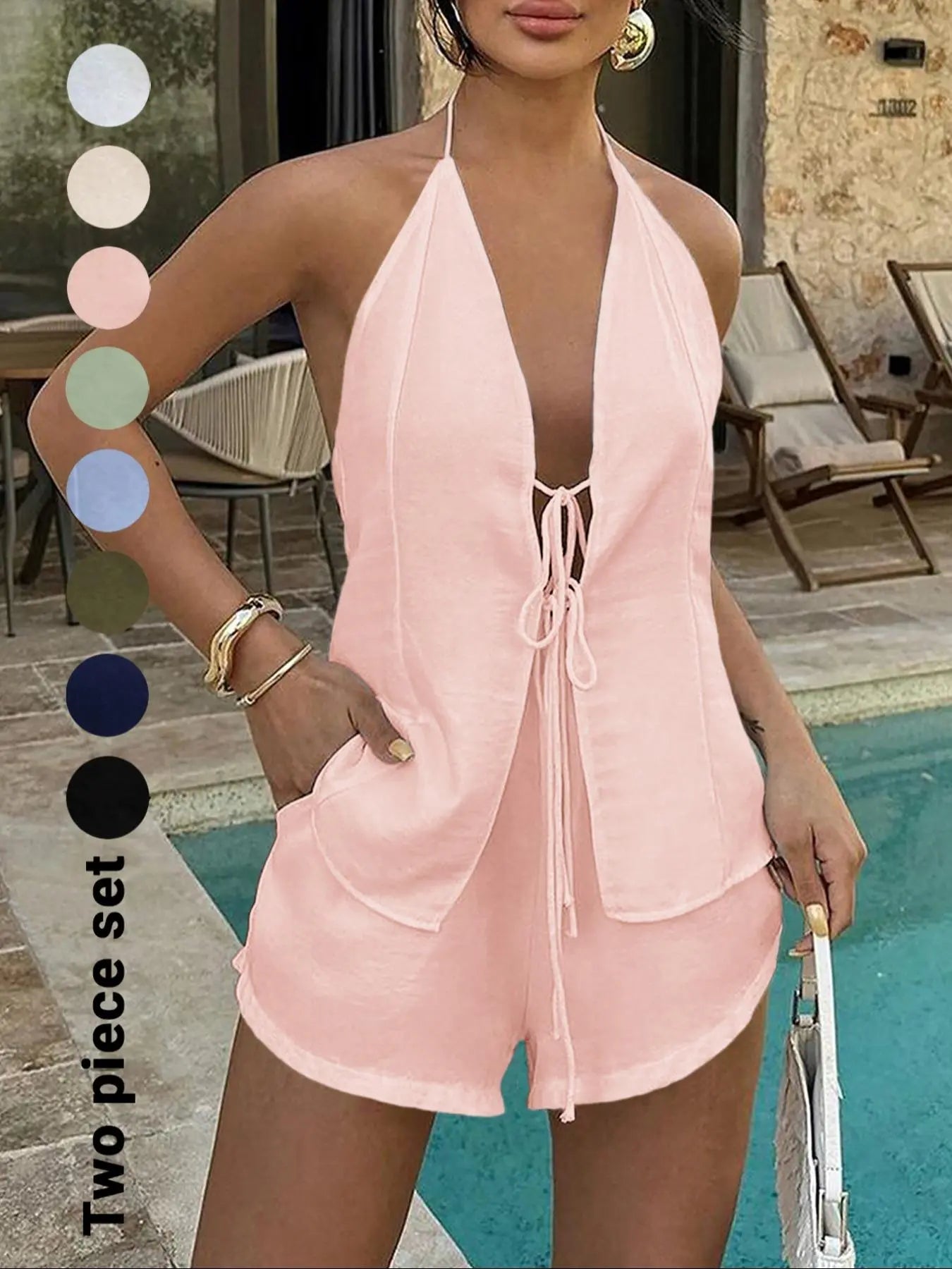Women'S Solid Color Breathable Lightweight Fitted Sleeveless Tie Back Top & Shorts Set, Casual Fashion Chic Minimalist Style Two-Piece Outfits for Summer, Ladies Clothes for Beach Holiday Vacation, Summer Beachwear Set, Womenswear