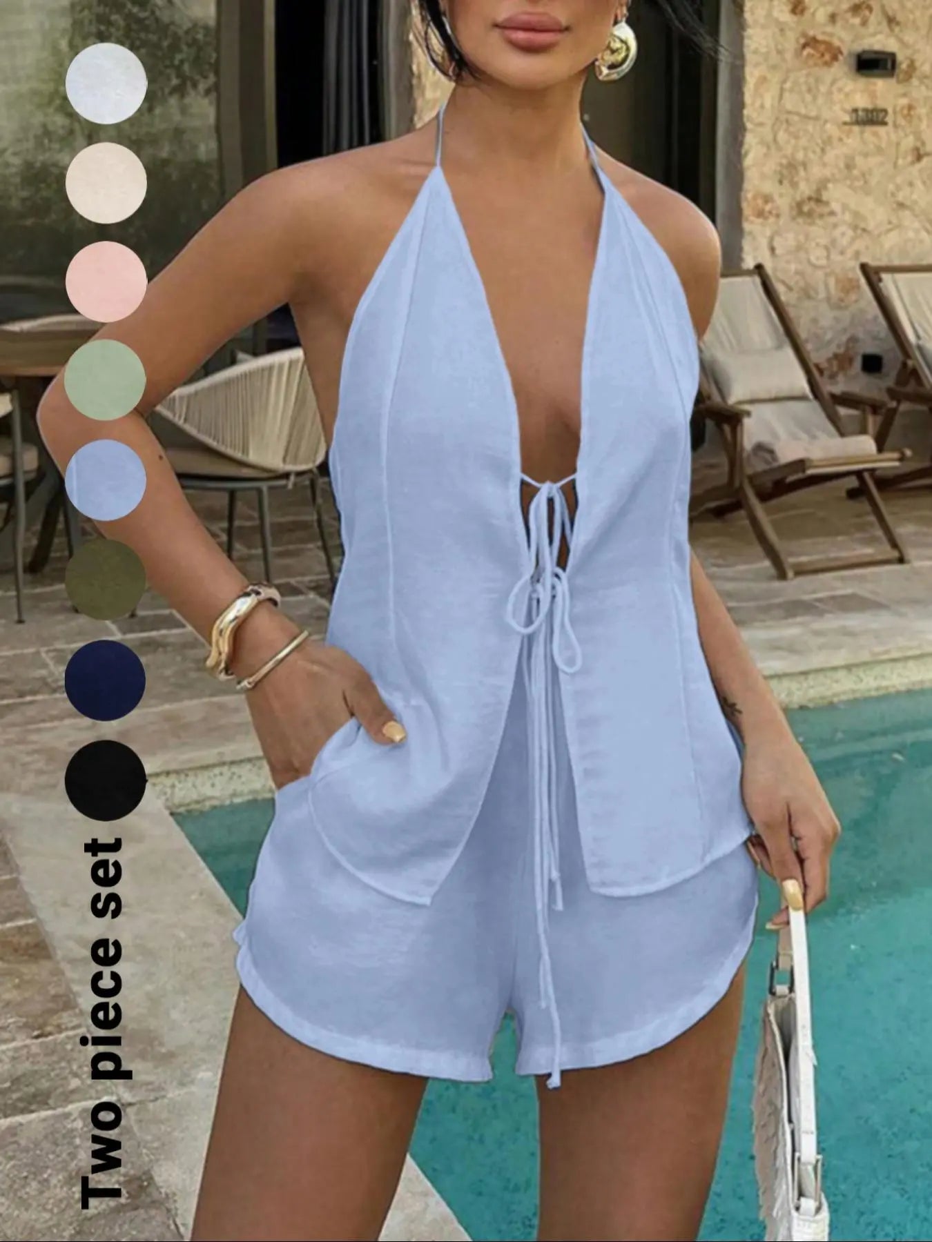 Women'S Solid Color Breathable Lightweight Fitted Sleeveless Tie Back Top & Shorts Set, Casual Fashion Chic Minimalist Style Two-Piece Outfits for Summer, Ladies Clothes for Beach Holiday Vacation, Summer Beachwear Set, Womenswear