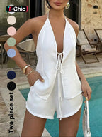 Women'S Solid Color Breathable Lightweight Fitted Sleeveless Tie Back Top & Shorts Set, Casual Fashion Chic Minimalist Style Two-Piece Outfits for Summer, Ladies Clothes for Beach Holiday Vacation, Summer Beachwear Set, Womenswear