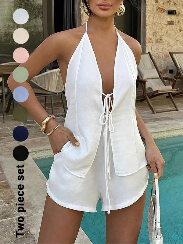 Women'S Solid Color Breathable Lightweight Fitted Sleeveless Tie Back Top & Shorts Set, Casual Fashion Chic Minimalist Style Two-Piece Outfits for Summer, Ladies Clothes for Beach Holiday Vacation, Summer Beachwear Set, Womenswear