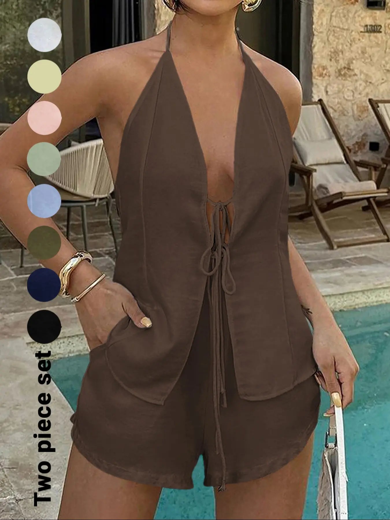 Women'S Solid Color Breathable Lightweight Fitted Sleeveless Tie Back Top & Shorts Set, Casual Fashion Chic Minimalist Style Two-Piece Outfits for Summer, Ladies Clothes for Beach Holiday Vacation, Summer Beachwear Set, Womenswear