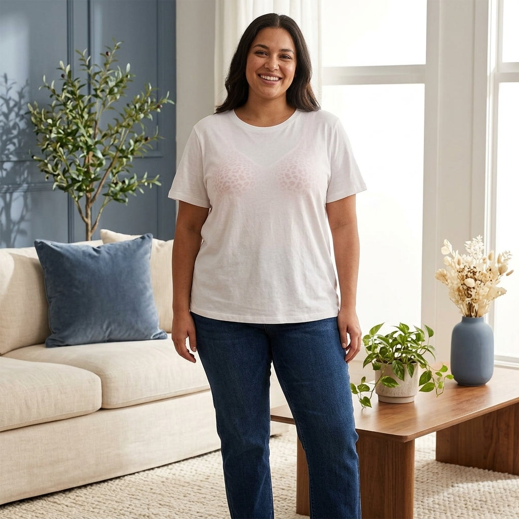 A smiling woman in a white t-shirt, subtly showing the comfortable, wirefree full-coverage jelly bra underneath, in a modern 