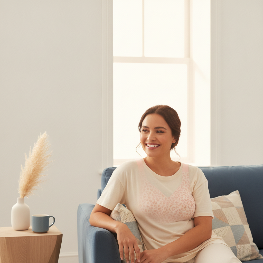 Woman in a cream t-shirt smiles while relaxing on a slate blue couch, wearing a comfortable, wirefree full coverage jelly bra