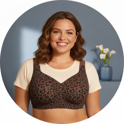 Circular portrait of Jordan Smith, a woman with a friendly smile, looking at the viewer. She wears a comfortable, wirefree je